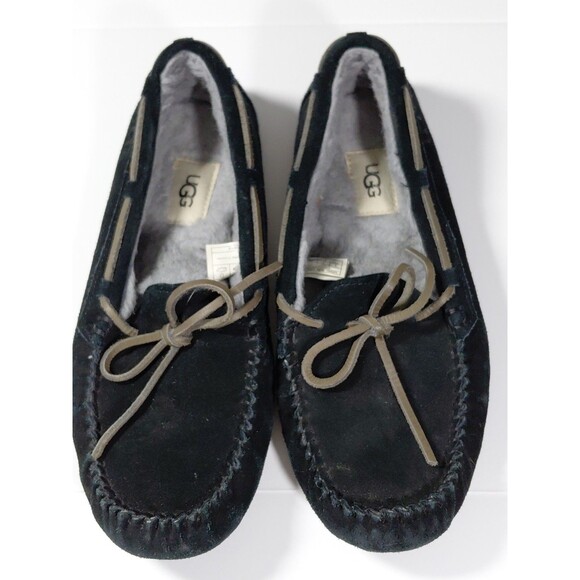 UGG Women's Slipper Moccasin Style Black Suede Sz 8 Indoor Outdoor Rubber Soles - Picture 5 of 13